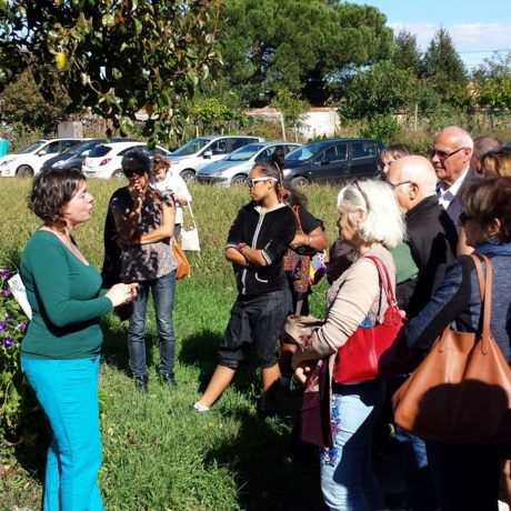 Groupe de personnes en discussion en plein air, avec une femme au premier plan qui présente la spiruline.